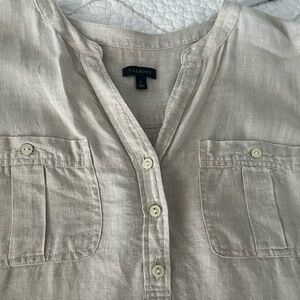 Talbots | Top, Large Linen Long Sleeve Roll Tab Buttons V Neck